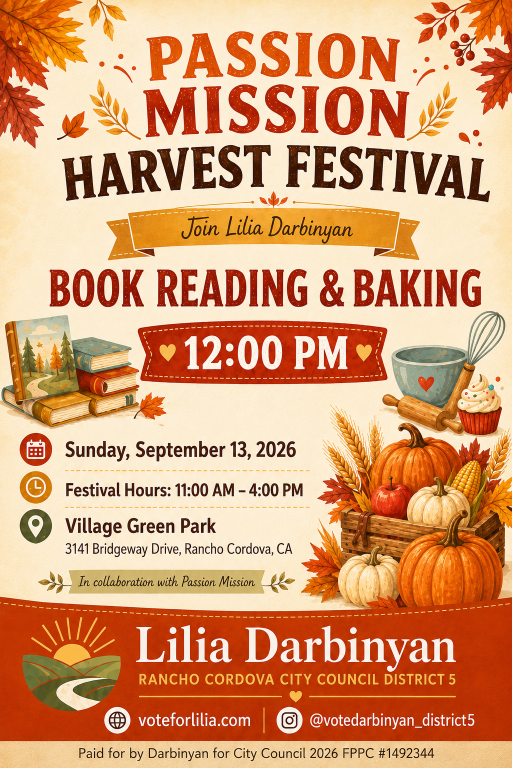 Passion Mission Harvest Festival flyer: book reading and baking with Lilia Darbinyan, Sunday September 13 at Village Green Park