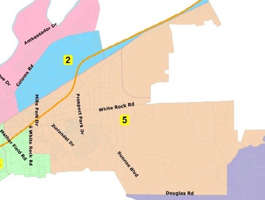 Map of Rancho Cordova City Council districts, with District 5 shaded and labeled 5, bordered by White Rock Road, Sunrise Boulevard, Mather Field Road, and Douglas Road