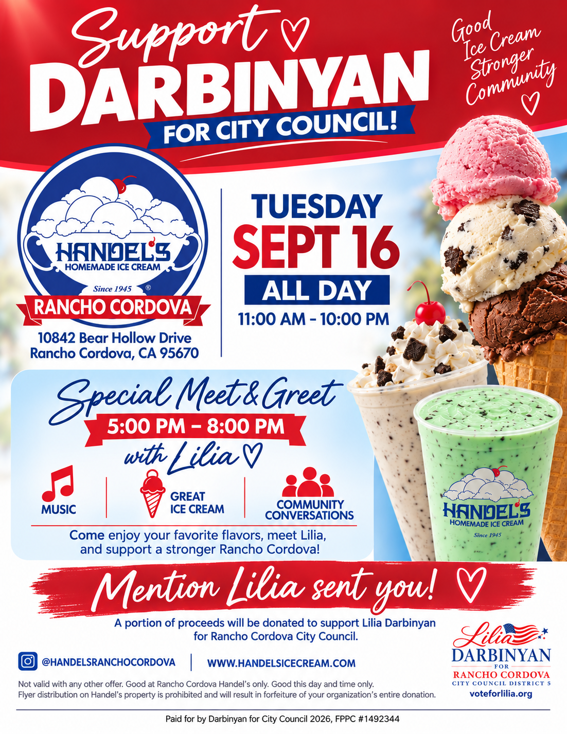 Handel's ice cream fundraiser flyer: meet and greet with Lilia, Tuesday September 16, all day at Handel's Rancho Cordova